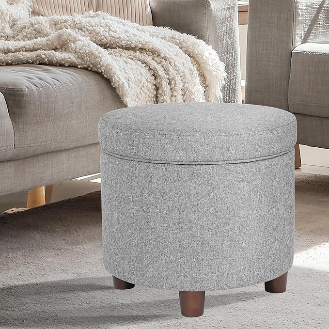 Homepop Home Decor | Upholstered Round Storage Ottoman | Ottoman with Storage for Living Room & Bedroom, Light Gray Tweed-DeskLoop Office