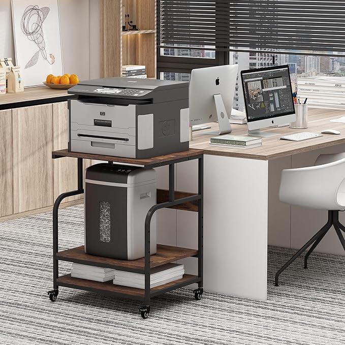 Large Printer Stand with Adjustable Storage Shelf, 3 Tier Printer Cart with Wheels for Home Office Organization, Rolling Table Stand for Heat Press Mini Fridge, Industrial Style-DeskLoop Office