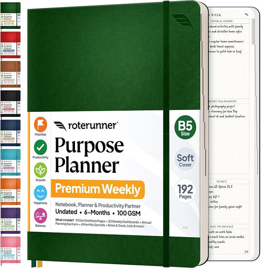 Roterunner Purpose Planner Notebook B5 7.5”x9.8” Undated 2026 Daily Weekly and by Roterunner