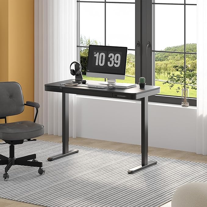 FLEXISPOT Comhar Electric Standing Desk with Drawer Desktop & Adjustable Frame Quick Install w/USB Charge Ports (Black, Wood)-DeskLoop Office