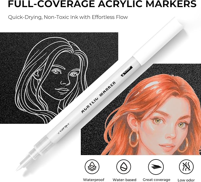 JusArt 6 Pack White Permanent Markers, 0.7mm Fine Point White Acrylic Markers - Image 2