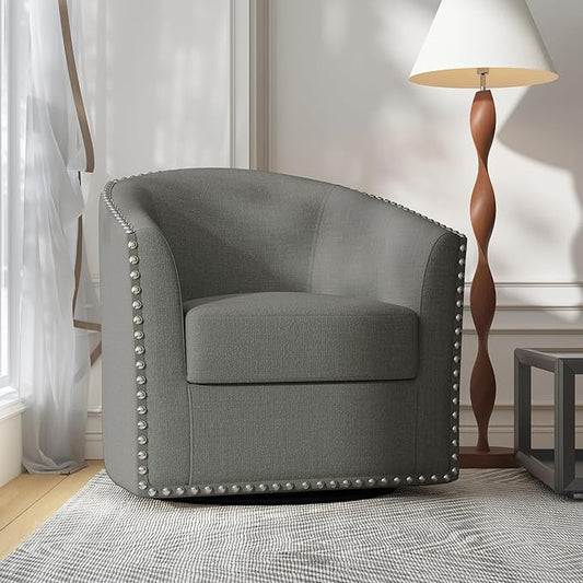 UIXE 360° Swivel Barrel Accent Chair, Modern Upholstered Arm Chair Round Club Armchair, Nailhead Trim Single Sofa Seating in Fabric for Living Room - Light Gray-DeskLoop Office