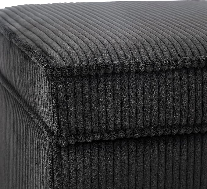 Adeco 17 Inch High Striped Flannel Black Cube Ottoman Storage, 3D Embossed Velvet Chair Foot Stools, Upholstered Vanity Stool with Hinged Lid, Solid Round Wood Legs-DeskLoop Office