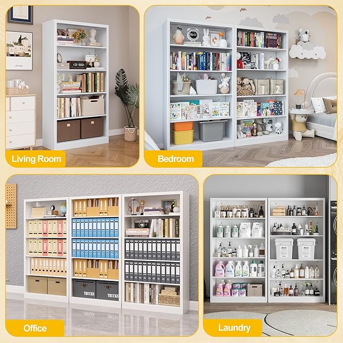 5 Tier Bookshelf, Metal White Book Shelf with Backboard, Adjustable 55" Tall Bookcase, Modern Book Shelves for Living Room, Office, Bedroom, School-DeskLoop Office