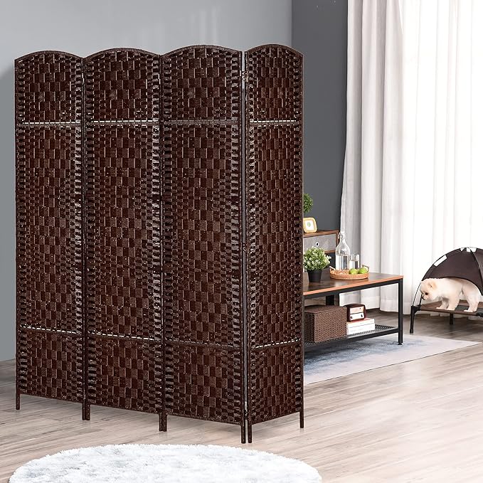 HOMCOM Room Divider 4 Panels Folding Privacy Screen 6FT Tall Portable Wicker Weave Partition Wall Divider for Bedroom Home Office, Brown-DeskLoop Office