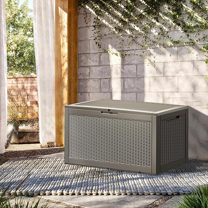 100 Gallon Resin Deck Box, Waterproof Outdoor Storage Bin for Patio Furniture, Pool Accessories, and Garden Tools, Lockable & UV-Resistant, Grey-DeskLoop Office