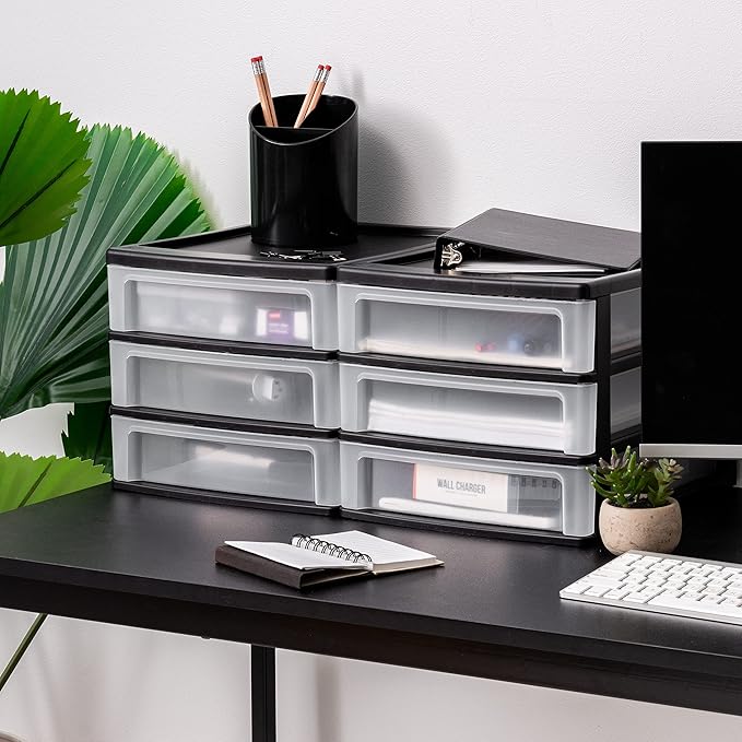 IRIS USA Plastic Stacking Desk Top 3-Drawer Storage Organizer, 2-Pack, for Makeup Vanity Nail Polish Bathroom Stationery Art Craft Supplies Kitchen Office Garage and Small Organization, Medium, Black-DeskLoop Office