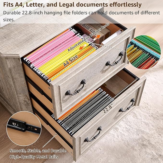 T4TREAM 2 Drawer File Cabinet-30 Wide Wooden Extended Desktop, Farmhouse Filing Cabinet with Smooth Rails, Holds Letter/Legal/A4, Hexagonal Design & Framed Drawer Fronts, Antique White-DeskLoop Office