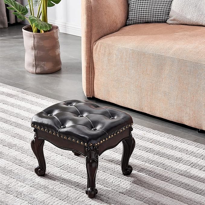 Foot Stool Ottoman Foot Rest Microfiber Leather Upholstered Footstool for Sofa, Living Room, Entryway, Solid Wood Stool (Dark Brown)-DeskLoop Office