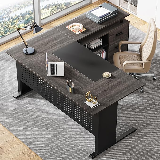 Tribesigns 63 Inch Executive Desk with File Cabinet, Large Office Desk L Shaped Computer Desk with Drawers and Storage Shelves, Business Furniture Desk Workstation for Home Office, Gray and Black-DeskLoop Office