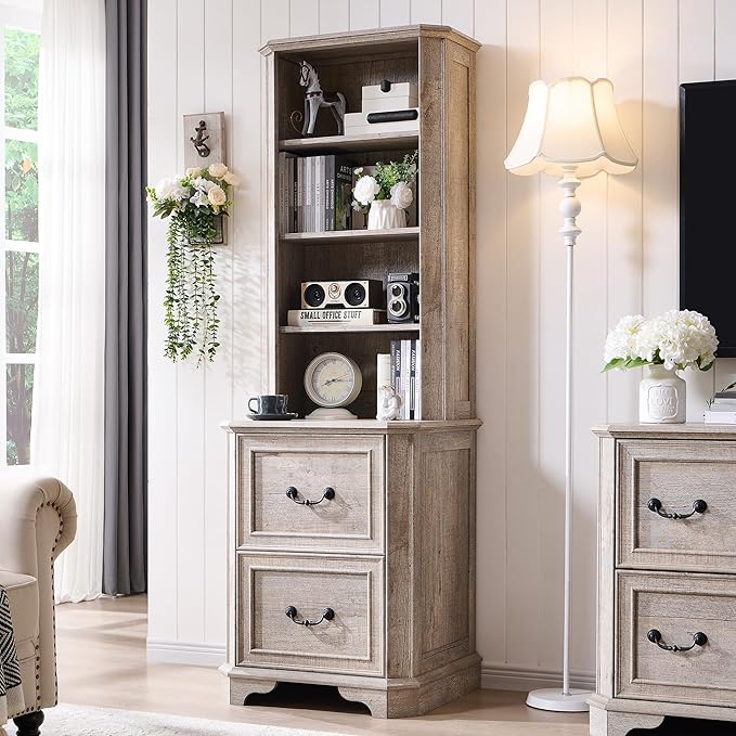 T4TREAM 6-Tier Bookcase with 2 File Drawers, 72" Tall Farmhouse Bookshelf with Storage & Adjustable Shelves, Wooden Floor Standing Display Book Shelf Organizer for Home Office, Light Rustic Oak-DeskLoop Office