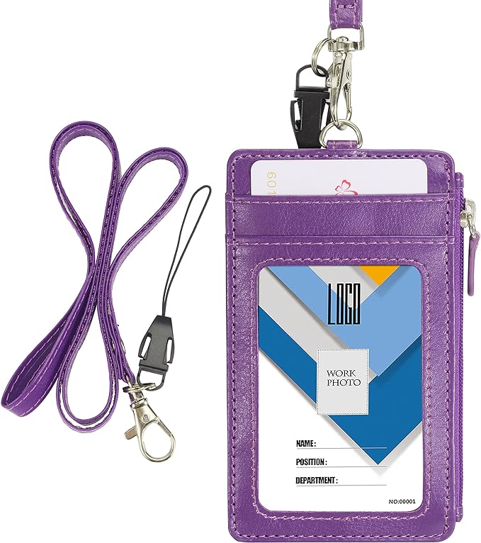 Badge Holder with Zip, Wisdompro School Supply 2-Sided Vertical PU Leather by Wisdompro