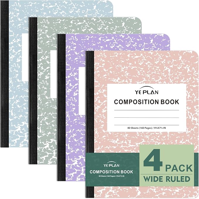 Composition Notebooks 4 pack, Wide Ruled Notebook Paper, 9 3/4" x 7 1/2" by Yeplan