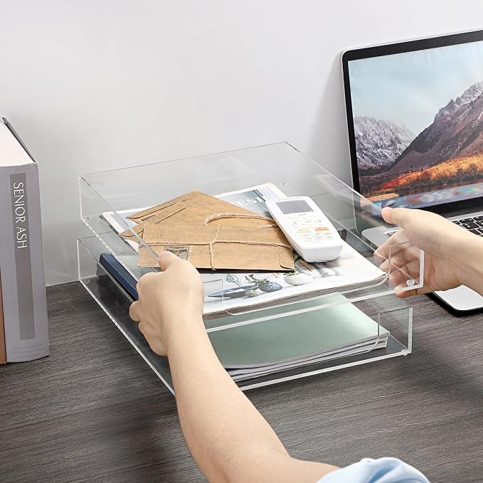 BTSKY 2 Pack Multipurpose A4 File Tray Clear Acrylic Desk Tray Organizer - Image 5