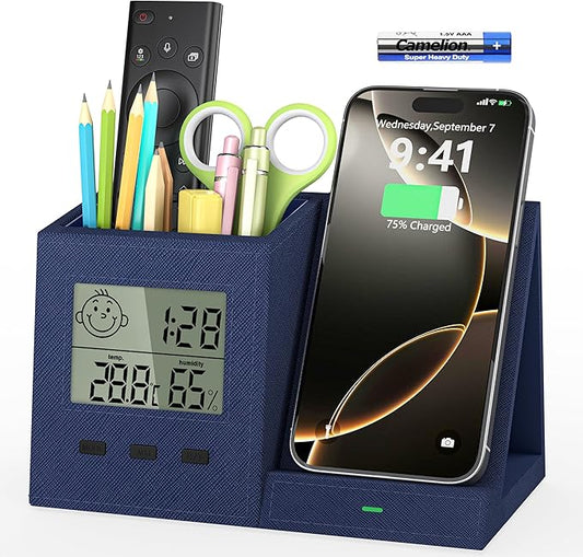 3-in-1 Wireless Charger with Pen Holder, Desk Clocks with Temperature and Humidity, Compatible with iPhone 16/15/14/13/12/11/8Series, Pencil Holder for Desk Home Office, Men Gift Idea Gadget, Blue-DeskLoop Office