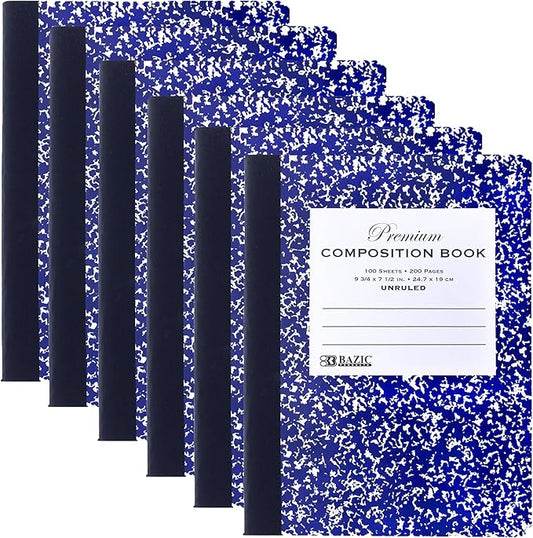 BAZIC Composition Book Blue Marble Unruled Ruled 100 Sheet Notebook, Blank Page Journal Comp Notebooks for School, 6-Pack-DeskLoop Office