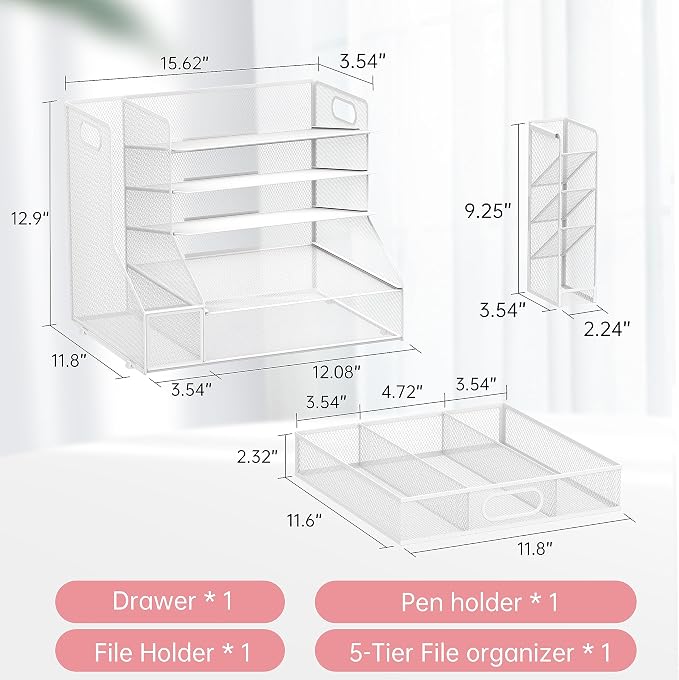 SUPEASY Desk Organizer with File Holder, 5-Tier Mesh Paper Letter Tray and 3 - Image 7