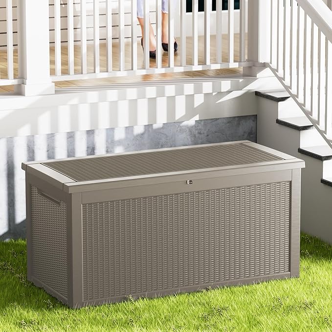 320 Gallon Outdoor Storage Box Waterproof Lockable Resin Deck Box Large, Patio Storage Bin for Pool Accessories Cushion Furniture, Garden Tools, UV-Resistant Outside Delivery Grey-DeskLoop Office