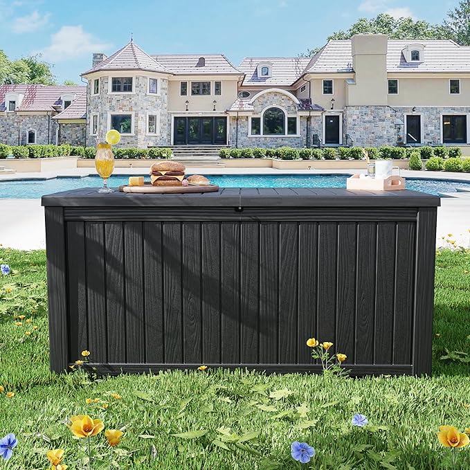 200 Gallon Resin Deck Box, Waterproof Outdoor Storage Bin for Patio Furniture, Pool Accessories, and Garden Tools, Lockable & UV-Resistant, Black-DeskLoop Office