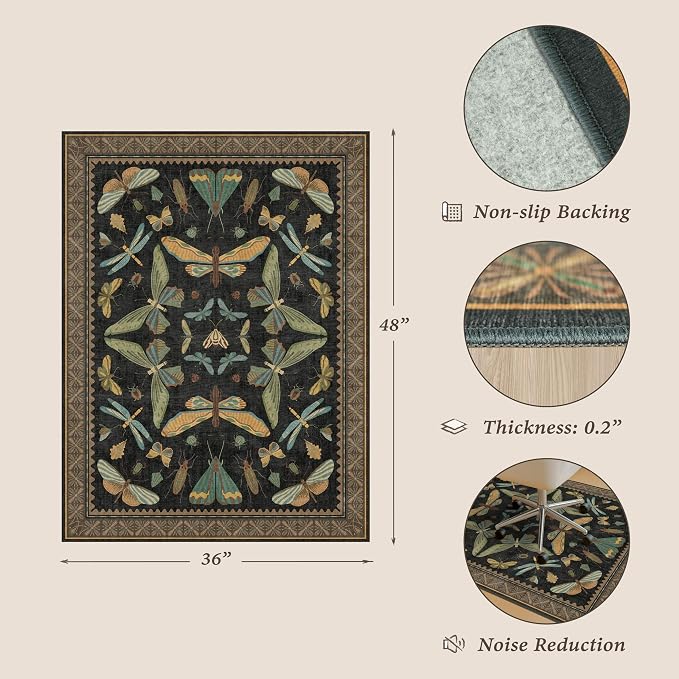 3'x4' Black Office Chair Mat for Hardwood Floors, Insect Boho Design, Non-Slip - Image 2