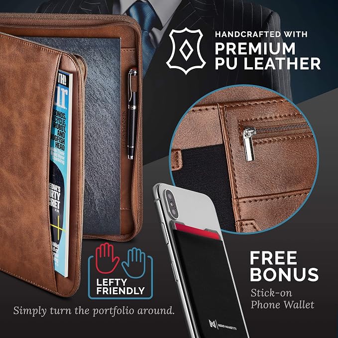 NERO MANETTI- Zippered Vegan Leather Padfolio/Portfolio Pad Holder-Business PU - Image 5