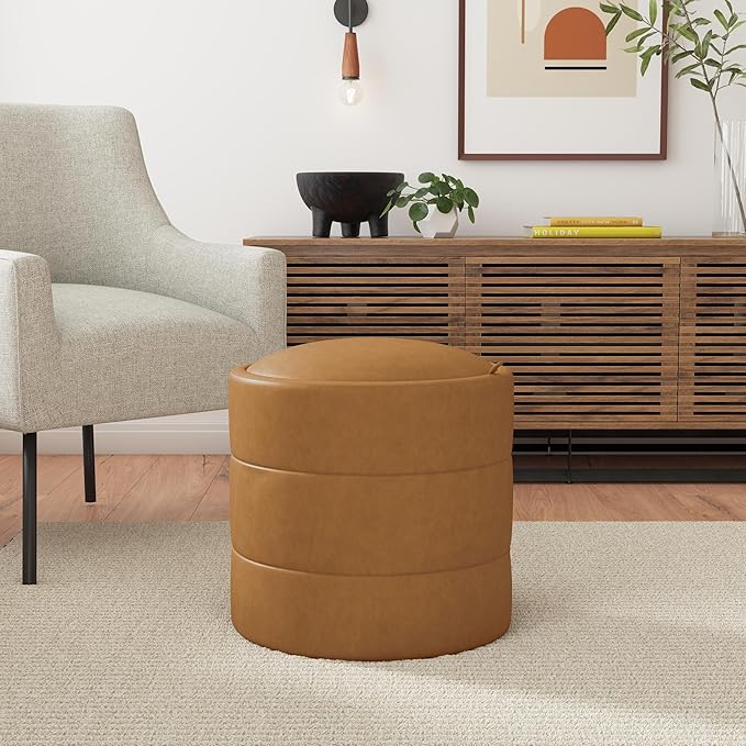 HomePop Storage Round Ottoman with Removable Lid Home Décor|Upholstered Round Velvet Foot Rest Ottoman - Carmel Faux Leather-DeskLoop Office