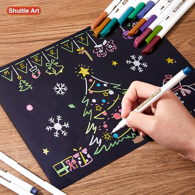 Shuttle Art Metallic Marker Pens, 30 Colors Metallic Paint Markers with 1 Coloring Book Fine Point for DIY Card, Calligraphy, Art and Crafting Projects, Works Great on Black Paper, Scrapbooks, Rock-DeskLoop Office
