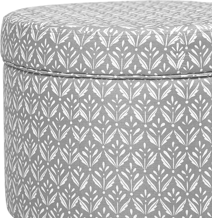 HomePop Upholstered Round Storage Ottoman|Homepop Home Décor|Upholstered Round Foot Rest Ottoman - Light Grey Print-DeskLoop Office