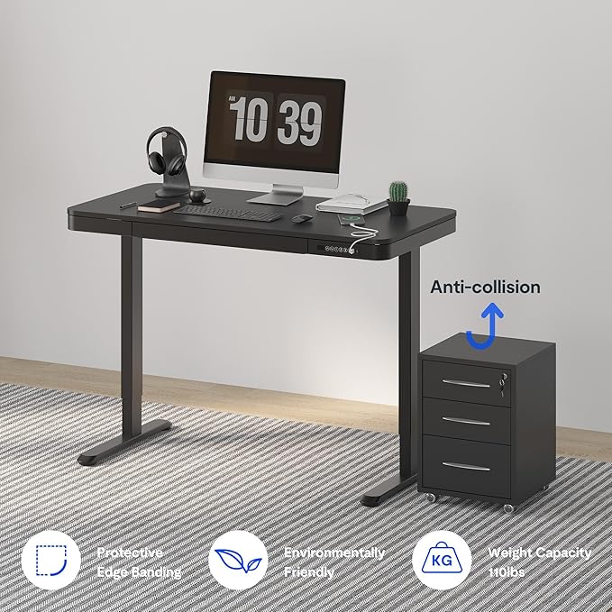 FLEXISPOT Comhar Electric Standing Desk with Drawer Desktop & Adjustable Frame Quick Install w/USB Charge Ports (Black, Wood)-DeskLoop Office