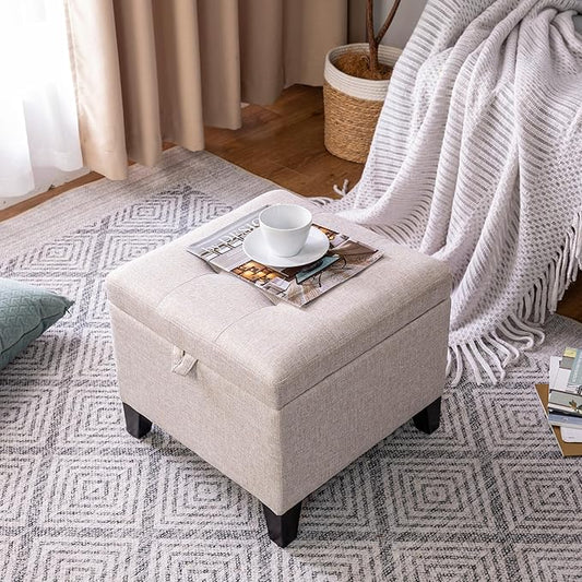 Adeco 18 Inch High Cube Ottoman Storage, Linen Chair Foot Stools, Upholstered Vanity Stool with Hinged Lid, Solid Wood Legs (Beige Grey)-DeskLoop Office