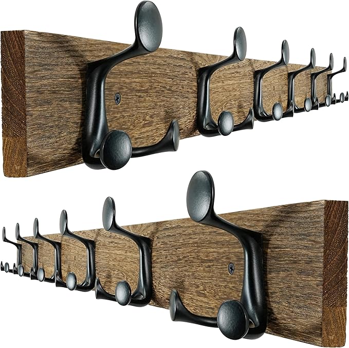 SKOLOO 39-Inch Wood Burnt Coat Rack Wall Mount with 6 Triple Hooks - Ideal for Family Entrances, Classrooms, and Pet Supplies Storage - Perfect Coat Hooks for Wall, Pack of 2-DeskLoop Office