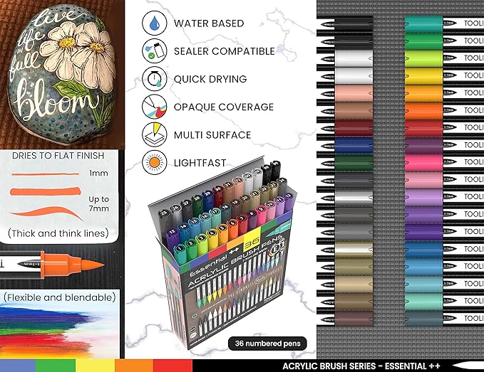 36 Flexible Brush Tip Acrylic Paint Pens Markers Set 1-7mm Line for Rock Painting, Brush Lettering, Scrapbooking, Glass, Mugs, Wood, Metal, Canvas, Fabric, Plastic. Non Toxic Waterbased Quick Drying-DeskLoop Office