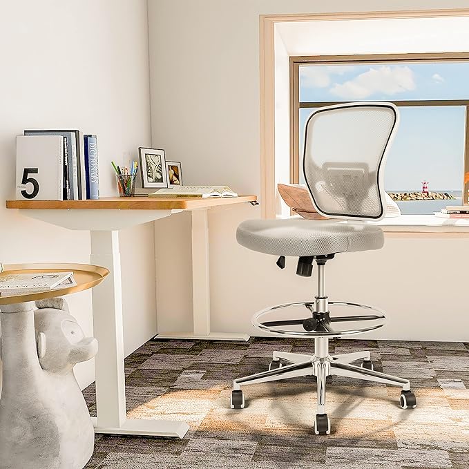 Drafting Chair, Tall Office Chair for Standing Desk, Drafting Stool with Lumbar Support, Adjustable Height and Foot Ring, Grey-DeskLoop Office