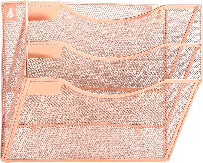 EASEPRES 3 Pocket Mesh Hanging Wall File Organizer, Wall Mounted Mail Paper Document Folder Holder, Clipboard Storage Organization Magazine Rack with Nametag Label for Office Home School, Rose Gold-DeskLoop Office