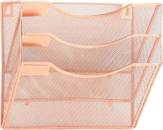 EASEPRES 3 Pocket Mesh Hanging Wall File Organizer, Wall Mounted Mail Paper Document Folder Holder, Clipboard Storage Organization Magazine Rack with Nametag Label for Office Home School, Rose Gold-DeskLoop Office