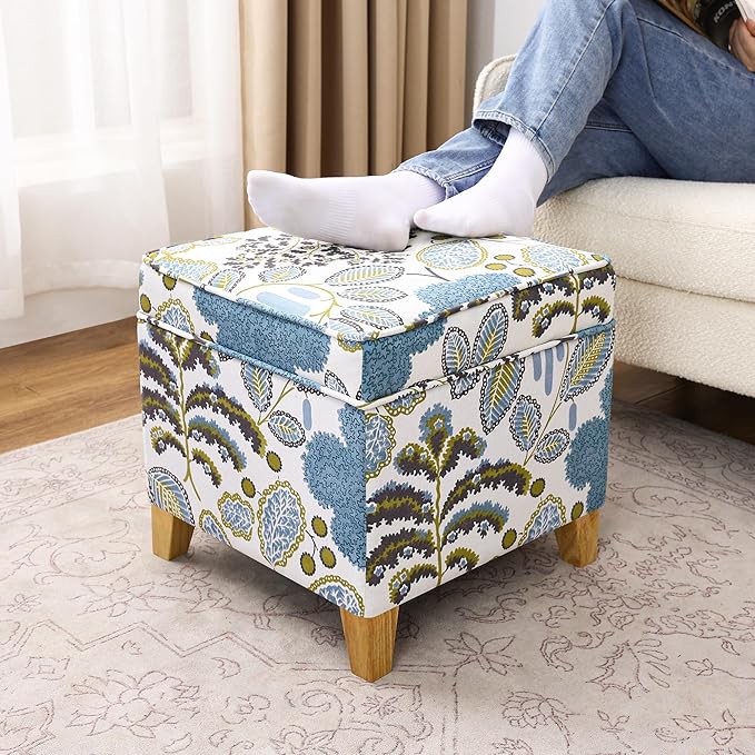 Adeco 18 Inch High Cube Ottoman Storage, Linen Chair Foot Stools, Upholstered Vanity Stool with Hinged Lid, Solid Wood Legs (Blue Leaves)-DeskLoop Office