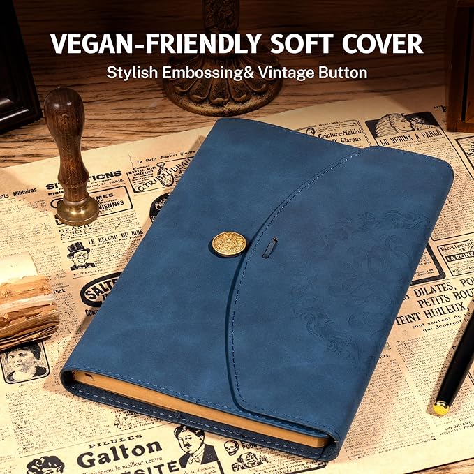 Vintage Leather Journal for Women Men, Junk Journal Notebook Soft Cover, Book of Shadows Journals for Travel Diary Scrapbook Sketchbook Journaling Writing, Blue-DeskLoop Office