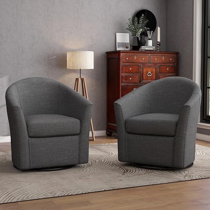 UIXE 360° Swivel Barrel Accent Chairs Set of 2, Modern Round Arm Chair Upholstered Club Armchair, Single Sofa Seating in Fabric for Living Room, Bedroom (Dark Grey)-DeskLoop Office