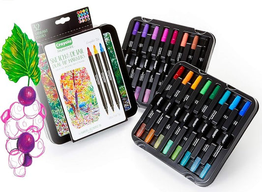 Crayola Sketch & Detail Dual-Tip Markers, Adult Coloring Set, 32 Colors by Crayola