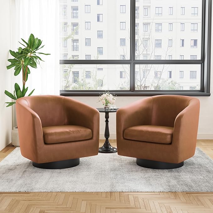 UIXE Faux Leather Swivel Accent Chairs Set of 2, Modern Upholstered Barrel Chairs for Living Room, Comfy Round Armchair Single Sofa Bedroom Reading Seat - 31" W, Brown-DeskLoop Office