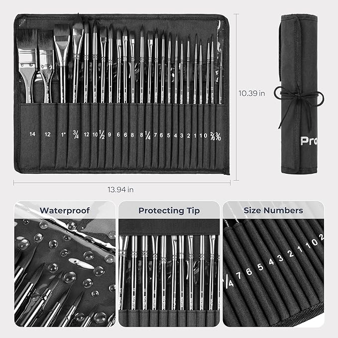 Nicpro 24pcs Watercolor Brushes Professional, Soft Synthetic Squirrel Hair Watercolor Brush Set with Cloth Roll, Round, Liner, Flat, Filbert, Dagger, Cat Tongue for Water Color Gouache Inks Painting-DeskLoop Office
