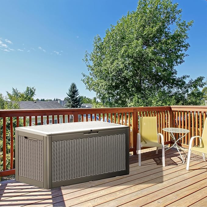 100 Gallon Lockable Resin Deck Box, Waterproof & UV-Resistant Outdoor Storage Box for Outdoor Cushion Storage, Garden Tools & Pool Accessories Storage, Gray-DeskLoop Office