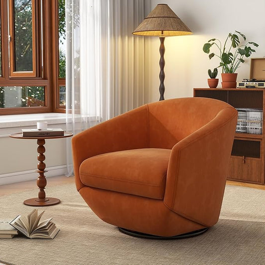 UIXE 360° Swivel Barrel Accent Chair, Velvet Upholstered Club Armchair for Living Room, Modern Round Arm Chair Single Sofa Bedroom Reading Seating (Orange)-DeskLoop Office