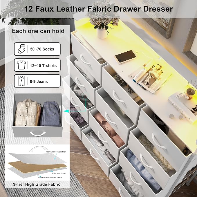 Welfuturer White Dresser with LED Lights and Charging Station - Image 6