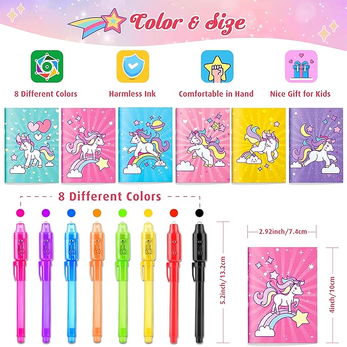 GIFTINBOX Unicorn Party Favors for Kids 4-8, 24Pack Invisible Ink Pen and Notebook, Invisible Ink Spy Pen with UV light for Kids, Classroom Prize Goodie Bag Stuffers Unicorn Toys for Kids Girls-DeskLoop Office