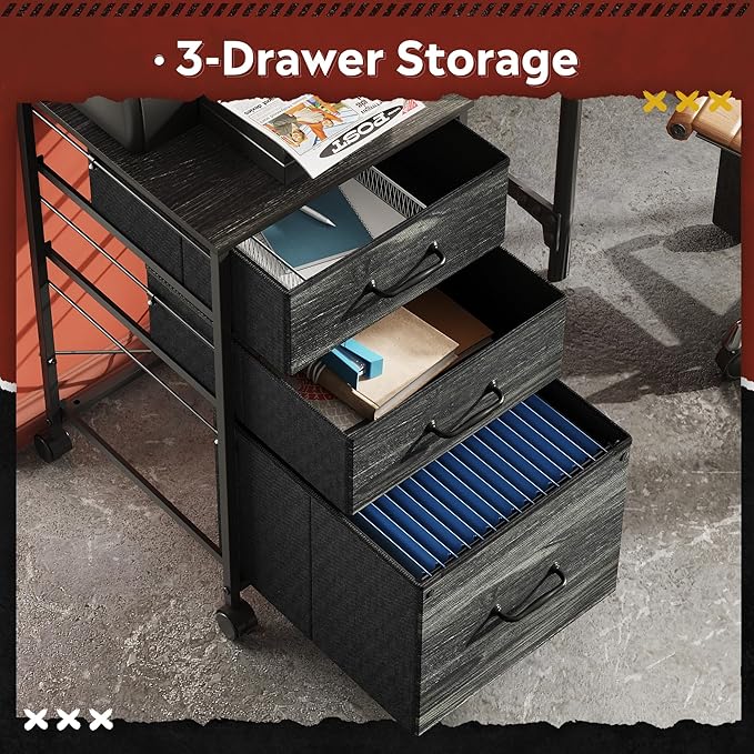 DEVAISE Mobile File Cabinet, Rolling Printer Stand with 3 Drawers, Fabric Vertical Filing Cabinet fits A4 or Letter Size for Home Office, Charcoal Black Wood Grain Print-DeskLoop Office