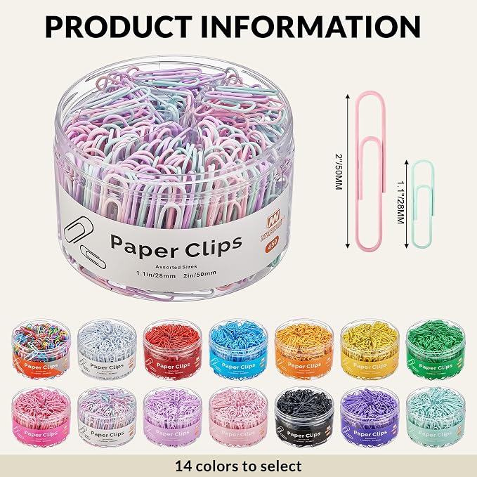 NEEWAY 450pcs Paper Clips Assorted Sizes, Small and Large Paper Clips, Coated - Image 2