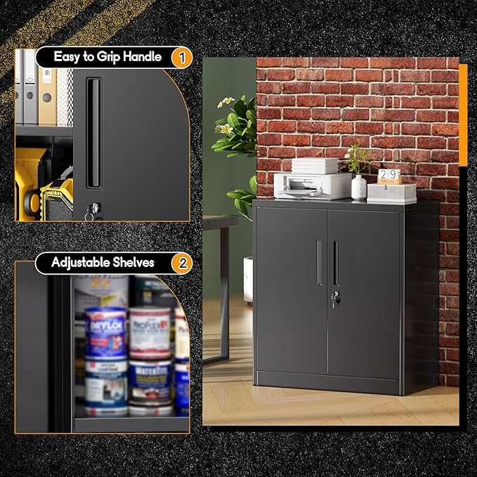Greenvelly Metal Garage Storage Cabinet,36" Black Lockable Metal Cabinets with 2 Doors and Shelves,Storage Locking Counter Cabinet for Home Office,Garage,Kitchen,School-DeskLoop Office
