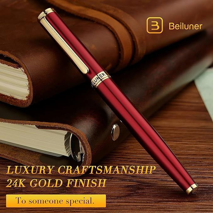 BEILUNER Red Fountain Pen,Stunning Luxury,24K Gilded Nib(Medium),Gorgeous 24K Gold Finish, Ink Converter,Trustworthy Pen Gift for Men&Women-Elegant,Fancy,Executive,Calligraphy, Nice Pens for Writing-DeskLoop Office