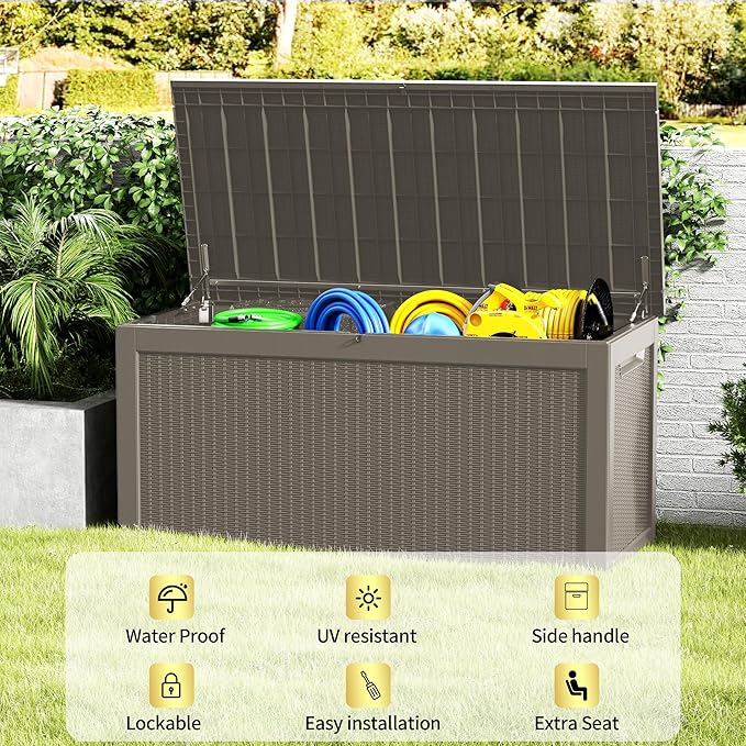 320 Gallon Lockable Resin Deck Box, Waterproof & UV-Resistant Outdoor Storage Box for Outdoor Cushion Storage, Garden Tools & Pool Accessories Storage, Gray-DeskLoop Office